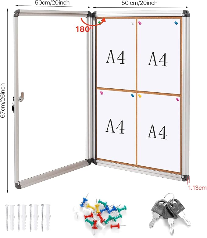 SWANCROWN Enclosed Bulletin Board Tamper-Proof Cork Noticeboard Secure Information Board with Acrylic Door 26x20inch (4xA4)