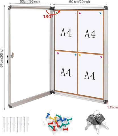 SWANCROWN Enclosed Bulletin Board Tamper-Proof Cork Noticeboard Secure Information Board with Acrylic Door 26x20inch (4xA4)