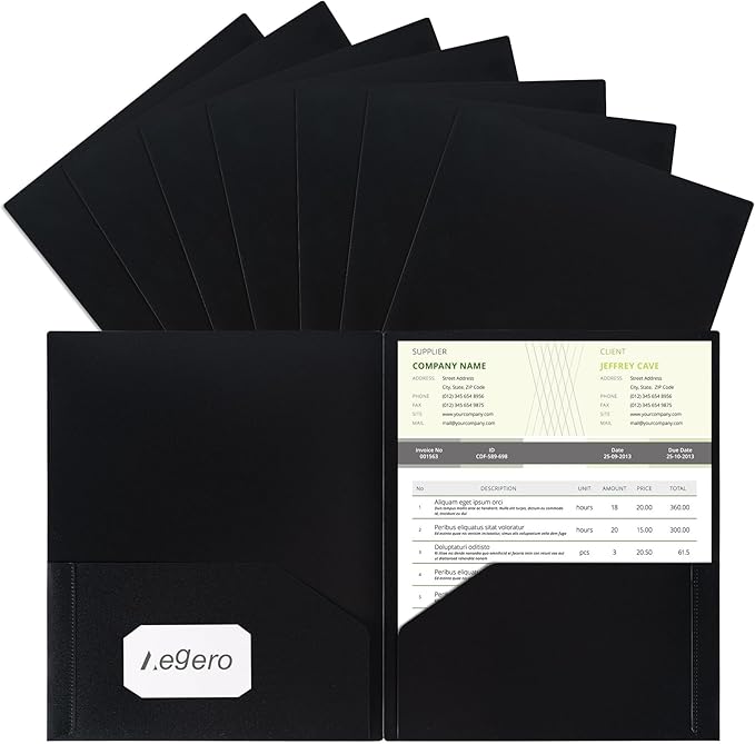 Plastic Folders with Pockets (7 Pack, Black), Durable Heavy Duty File Folders with Business Card Slot, 2-Pocket Folder for Schoolwork & Office,Letter Size