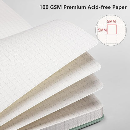 RETTACY Graph Paper Notebook, A5 Grid Notebook Journal with 192 Pages, 5.7'' × 8.3'', Medium Size, Leather Hardcover, 100 GSM Thick Paper, for Students, Homework, Math, Engineering (Sage Green)