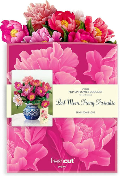 Freshcut Paper Pop Up Cards, Best Mom Peony Paradise, 12 Inch Life Sized Forever Flower Bouquet 3D Popup Greeting Card, Birthday Cards, Mother's Day Card, Blank Notecard
