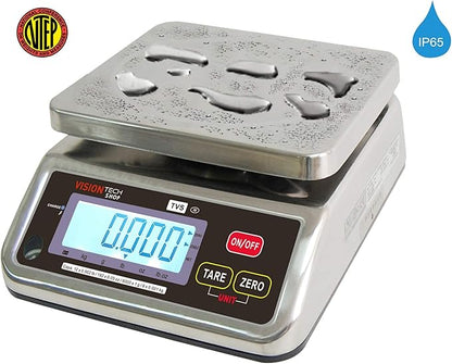 TVS Portion control Stainless steel Washdown Scale, Lb/Oz/Kg/g Switchable, Low Profile Design, 12lb Capacity, 0.002lb Readability, Single Display, NTEP Legal for Trade Coc #19-058
