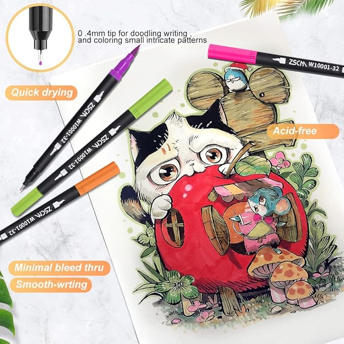 ZSCM 32 Colors Duo Tip Brush Markers Art Pen Set, Artist Fine and Brush Tip Colored Pens, for Adult Coloring Books Christmas Cards Drawing, Note taking Lettering Calligraphy Journaling