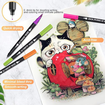 ZSCM 32 Colors Duo Tip Brush Markers Art Pen Set, Artist Fine and Brush Tip Colored Pens, for Adult Coloring Books Christmas Cards Drawing, Note taking Lettering Calligraphy Journaling