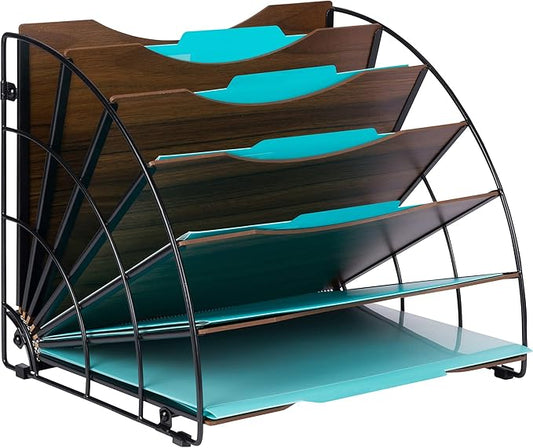 Dasher Products Fan-Shaped Office Desk Organizer, 6 Compartments with Wood-Patterned Shelves for Storing Paper, Bills, Letters, and Office Supplies. Multi-Functional Desk Organizers and Accessories