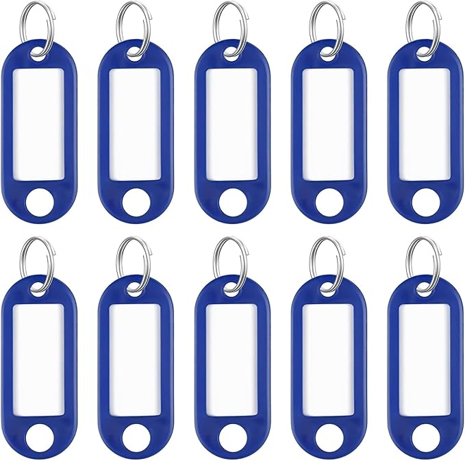 Uniclife 10 Pieces Key Tags 2 Inch Soft Plastic Key Chain Tags with Blank Paper Labels Clear Windows Protective Films and Split Rings Flexible Item Identifiers, Blue