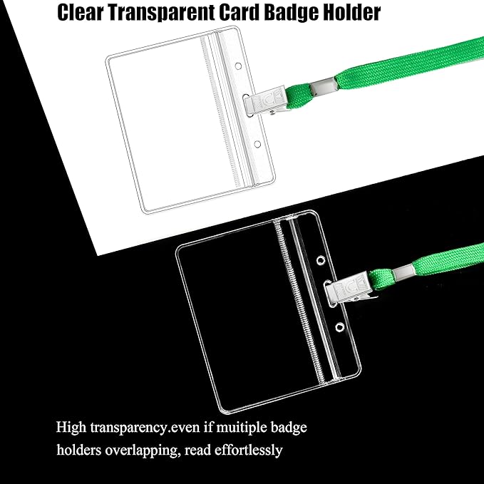 100Pcs Clear Plastic Horizontal Name Tags Badge ID Card Holders and 100Pcs Lanyards with with Clip lanyards for id Badges (Green)
