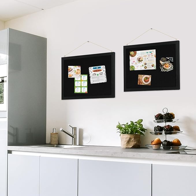 2-Pack Double-sided Black Cork Board with Linen, 16" x 12" Hanging Wood Framed Small Bulletin Board, Picture Display Vision Board Kit Corkboards for Wall Room School Office Decor, 20 Pushpins
