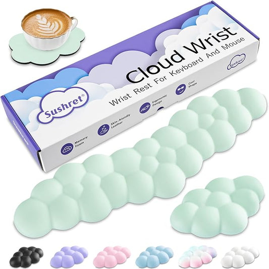 Cloud Wrist Rest Keyboard, Cloud Keyboard Wrist Pad Set with PU Leather Memory Foam, Cute Arm Rest for Palm Support, PC/Gaming Desk Accessories/Office Setup/Computer Hand Cushion-Light Green