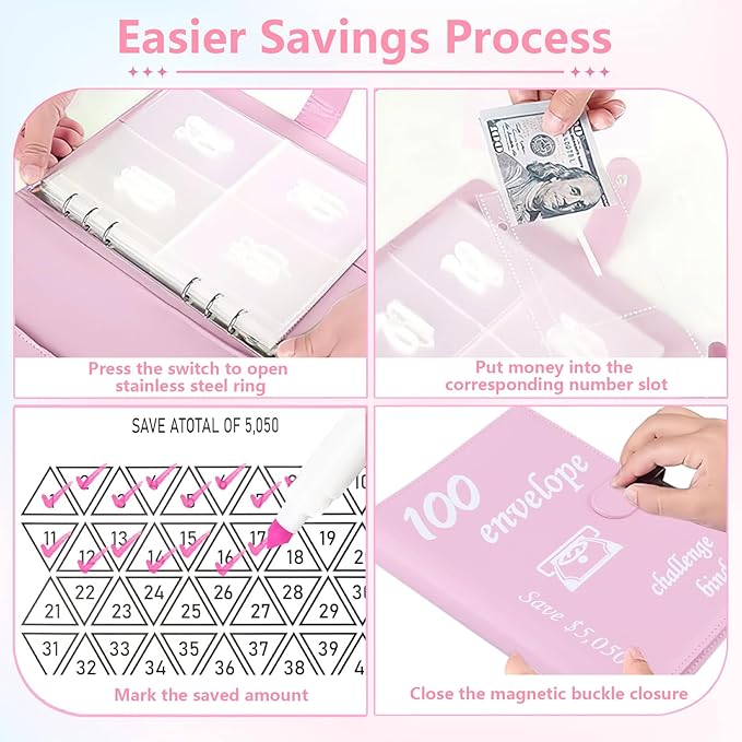 100 Envelopes Money Saving Challenge, Money Saving Binder to Save $5,050, Savings Challenges Book with Envelopes, Easy and Fun Way for Money Saving Challenge Book, 2 Reusable Trackers Included, Pink