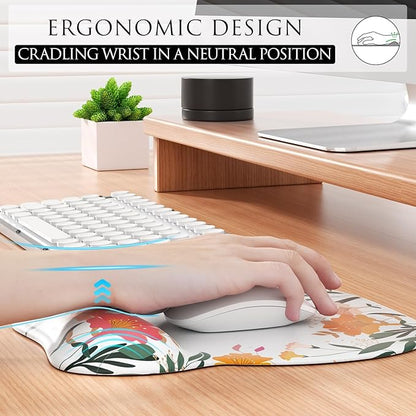 MROCO Ergonomic Mouse Pad with Gel Wrist Rest, Comfortable Mousepad with Smooth Wrist Support Surface and Non-Slip PU Base for Pain Relief, Computer, Laptop, Office & Home, 9.4 x 8.1 in, White Flower
