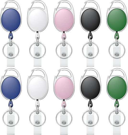 Uniclife 10 Pack Retractable Badge Reel for Badge Holder Heavy Duty Retractable Keychain Strong Colorful ABS Casing with Stainless Steel Spring Coil 24 inch Nylon Rope Carabiner and Key Ring, 5 Colors