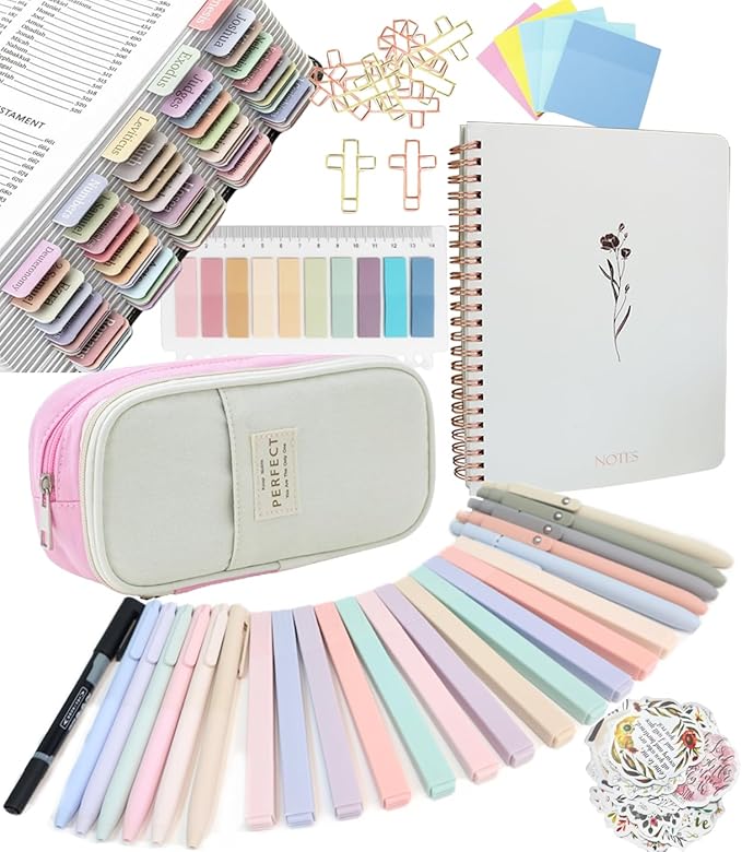 Bible Study Supplies Journaling Kit with Tabs and Highlighter, Notebook and Pen Case, Bible Annotation kit, Bible Study Group Essentials Accessories Set for Women Students Beginner Christian Gifts