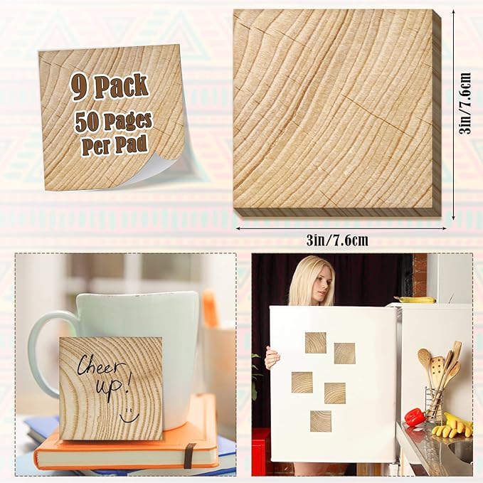 9 Pieces Wooden Pattern Sticky Notes 3x3 Inch Adhesive Wood Grain Memo Notes Self-Stick Note Pads for School Office Home Supplies Students Teachers Present, 9 Styles