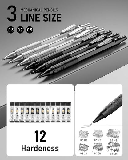 Nicpro 0.5 & 0.7 & 0.9 mm Metal Mechanical Pencil Set with Case, 6PCS MP1000 Artist Lead Pencil with 12 Tubes HB & 2B Lead Refills, 3 Erasers For Architect Art Writing Drafting Sketching Drawing