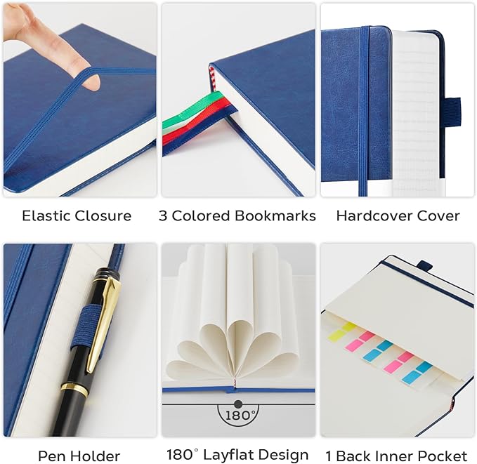 Leather Lined Notebook Journal, 320 Pages Hardcover Notebook Journals for Writing Women & Men, B5 (7.1'' X 10'') College Ruled Notebook with 100GSM Thick Paper for School Work Organization, Dark Blue