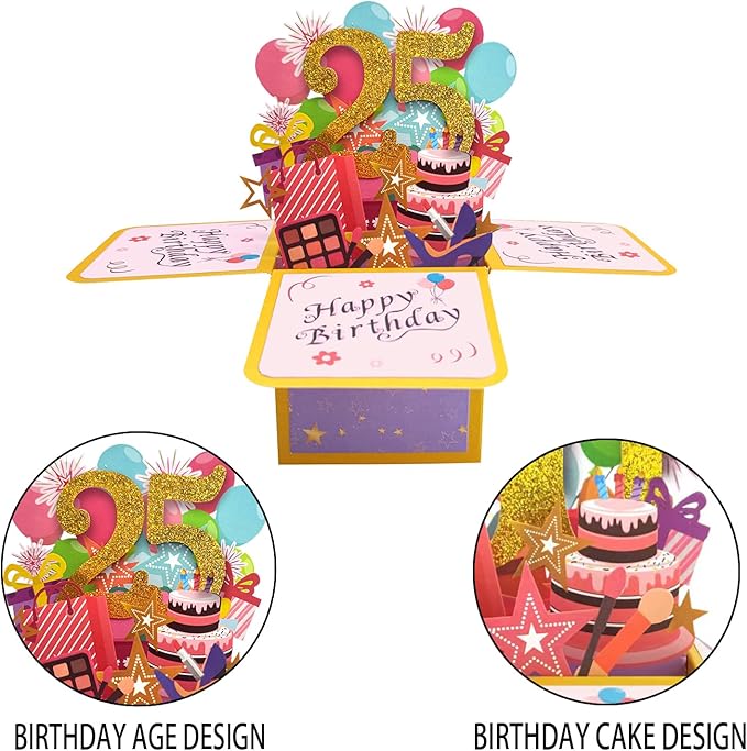 Asmallgf Funny 25th Birthday Pop Up Card for Son Daughter, Cool 25 Year Old Bday Gifts for Men Women, Sweet 25 Birthday 3D Greeting Card for Him Her, Great 25th Bday Gift Idea for Girlfriend Boyfriend