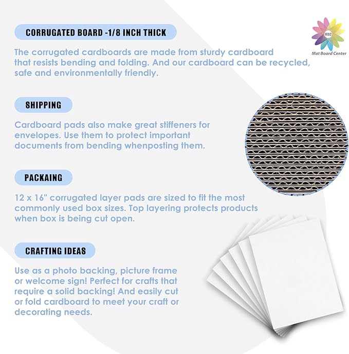 Mat Board Center, 25 Pack 12x16 Corrugated Cardboard sheet, 1/8 inch thick, Flat Cardboard Inserts for Mailing, Packaging & Shipping, Cardboard Backing, Craft Card Board (White on one side)