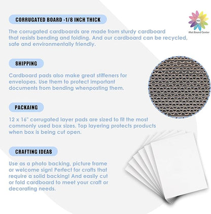 Mat Board Center, 25 Pack 12x16 Corrugated Cardboard sheet, 1/8 inch thick, Flat Cardboard Inserts for Mailing, Packaging & Shipping, Cardboard Backing, Craft Card Board (White on one side)