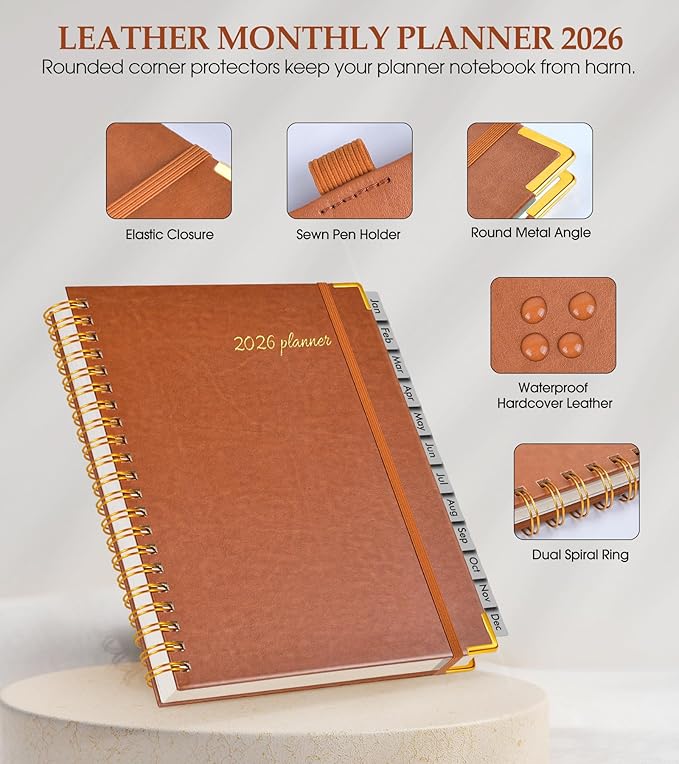 2026 Planner, Weekly and Monthly Calendar Planner from January 2026 - December 2026, 5.75" x 8.38" Hardcover Leather Hourly Appointment Book with Tabs, A5 Spiral Daily Planners for College School Work Home, Brown
