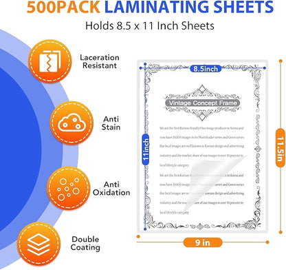 500 Pack Laminating Sheets, Holds 8.5 x 11 Inch Sheets, 3 mil, 9 x 11.5 Inches Thermal Laminating Pouches Lamination Sheet Paper for Laminator, Clear, Letter Size, Office and School Supplies