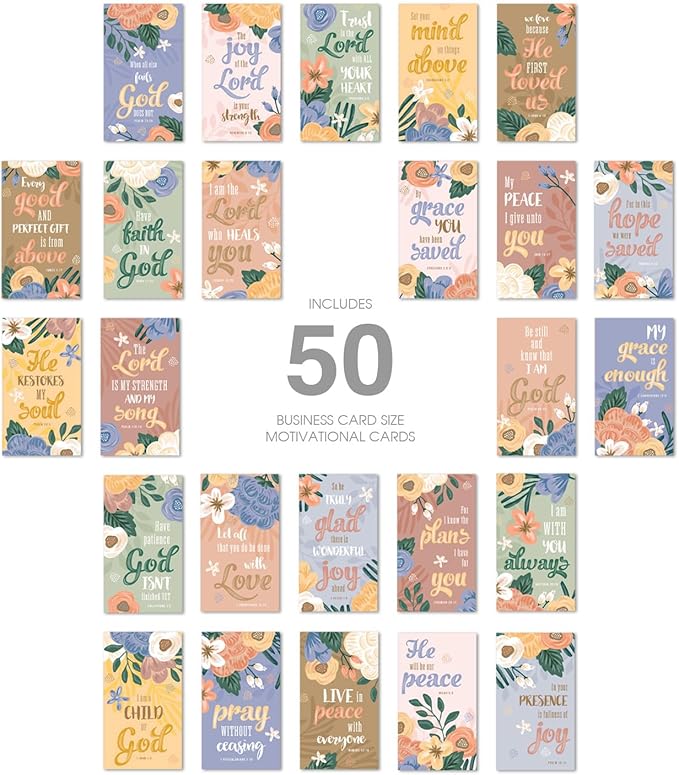 Floral Religious Motivational Mini Quote Cards / 50 Christian Encouragement Positivity Cards / 2" x 3.5" Flat Business Card Size / 25 Daily Devotional Uplifting Faith Designs / Made In The USA