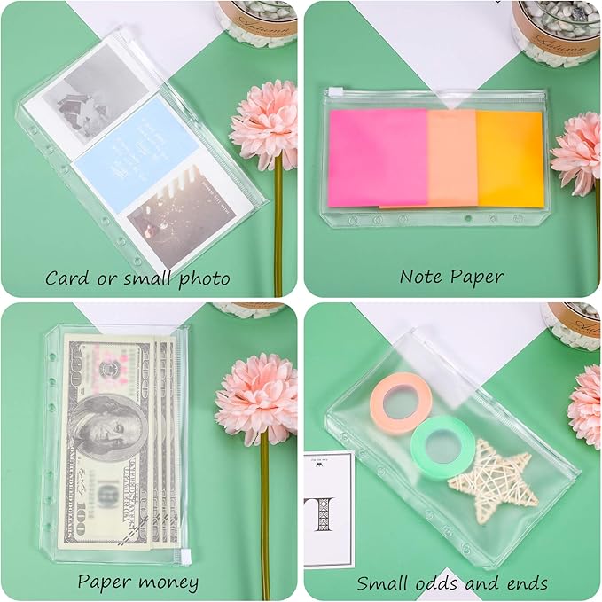 60 Packs A6 Size 6 Holes Binder Pockets Plastic Binder Zipper Folders Waterproof 6 Holes Zipper Loose Leaf Bags for Documents Notebooks Cards