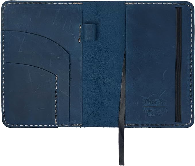 Thot Ra Leather Cover for Field Notes, Passport Cover, Leather Notebook Cover for 3.5" x 5.5" with Pen Holder, Only Cover (Vintage Blue)