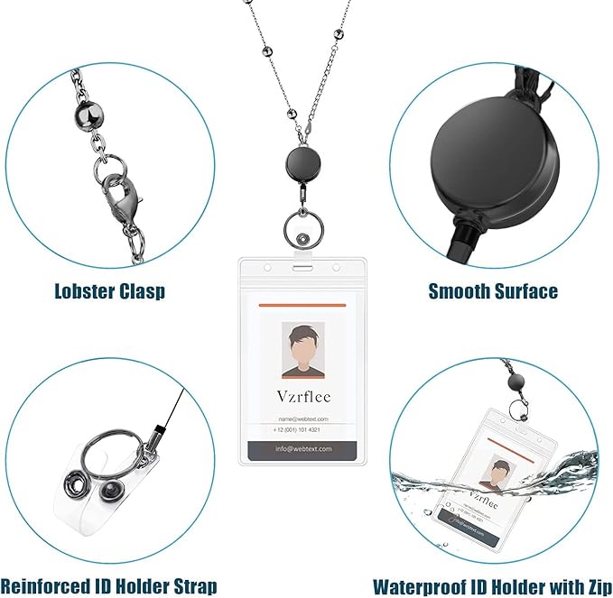 Retractable Badge Reel Lanyard with 2 Pieces ID Holder for Women, Fashion Beaded Chain Premium Stainless Steel Lanyard Necklace Water Resistant Name Badge Holder (Black)