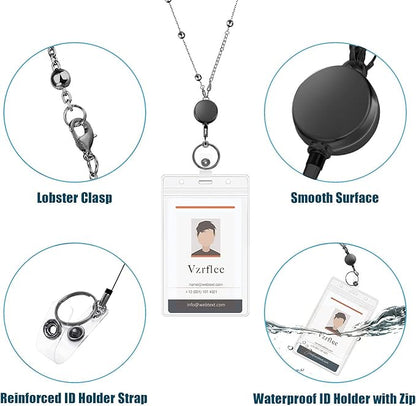 Retractable Badge Reel Lanyard with 2 Pieces ID Holder for Women, Fashion Beaded Chain Premium Stainless Steel Lanyard Necklace Water Resistant Name Badge Holder (Black)