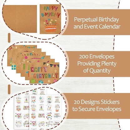 200 Set Unique Happy Birthday Card Bulk with Envelope and Sticker Blank Greeting Card Large 5 x 7 Inch Suitable for Office Kids Women Men, 20 Styles(Retro Style)