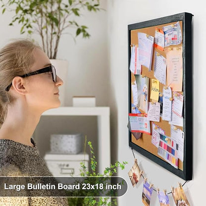 Miratino Cork Board Bulletin Board, 23x18 Inches Wooden Frame Pin Board, Cute Cork Boards for Walls Hanging for Office, Home Decor, School (Pins, Clips, Strings) Black