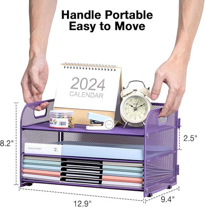 3-Tier Letter Tray Paper Organizer with Handle,Compact Mesh Desk File Organizer for Home Office Supplies Desktop Accessories,Purple