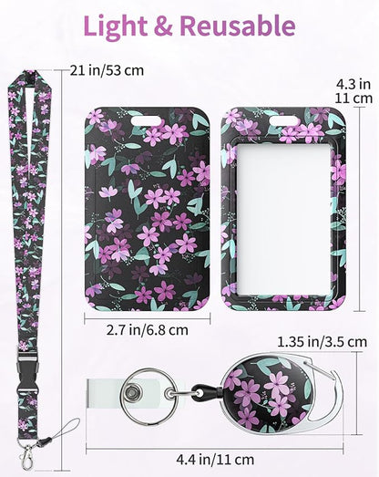 Uniclife Floral Sliding Badge Holder Purple Flower Plastic Case with Retractable Badge Reel Carabiner Clip & Detachable Lanyard Strap Fashionable Vertical Card Protector for Women Teacher Student