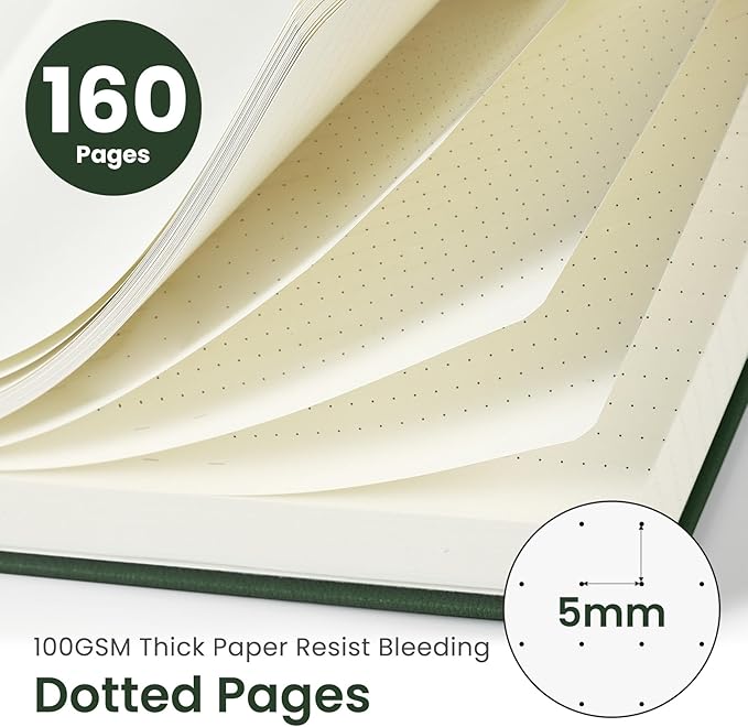 Bullet Dotted Journal Notebook for Women & Men, Hardcover Leather Journal for Writing, A5 Bullet Journaling Notebook for Work & Sketching, Perfect for Office School Home Supplies, 160 Pages, Dark Green