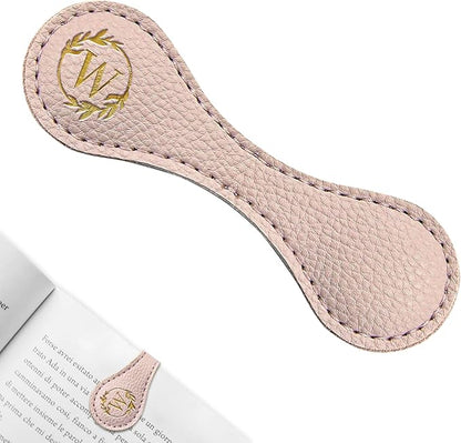 ABTOLS Magnetic Leather Initial Bookmarks, Vintage Initial ID Identification Book Marker Clip Gift Pink Capital Letter Book Markers for Book Lover Avid Readers (W)