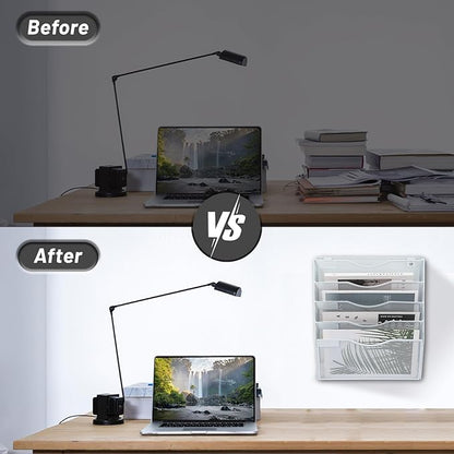 EASEPRES 5 Pocket Mesh Hanging Wall File Organizer, Wall Mounted Mail Paper Document Folder Holder, Clipboard Storage Organization Magazine Rack with Nametag Label for Office Home School, White