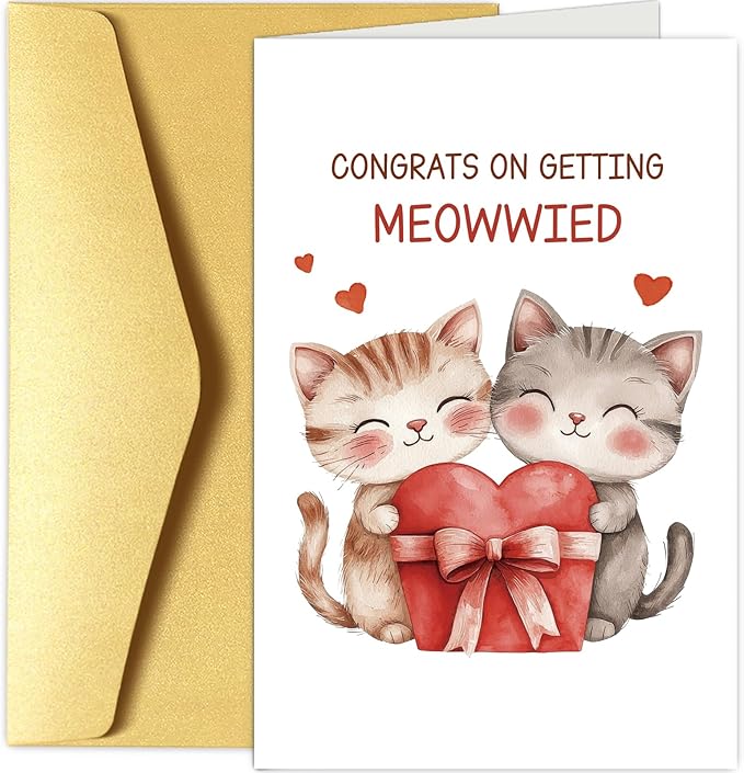 Cute Cat Wedding Card, Engagement Card for Cat Lover, Funny Wedding Congratulations Card for Couple, Congrats On Getting Meowwied Pun Card