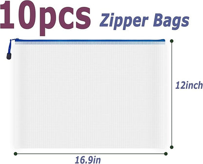 AUSTARK 10 Pcs Zipper File Bags, Waterproof Plastic Mesh Pouch for Office School, Board Game Storage Bags (A3 Size 16.9''x12'', White and Blue)