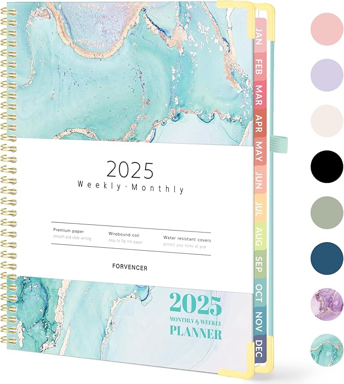 Forvencer 2025 Planner, Hardcover Weekly and Monthly Planner, January 2025 - December 2025, 8.5" x 11", Spiral Calendar Planner with Tabs, Exquisite Daily Organizer Notebook with Inner Pocket, Agenda Journal for Office Home School, A4 Size, Teal Marble