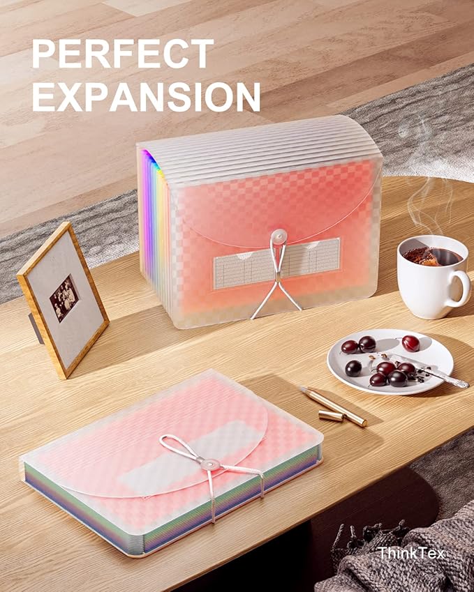 ThinkTex Accordian File Organizer, 12 Pockets Expanding File Folders, Portable Monthly Bill Receipt Organizer, Colorful Tabs, Letter/A4 Size - Pink