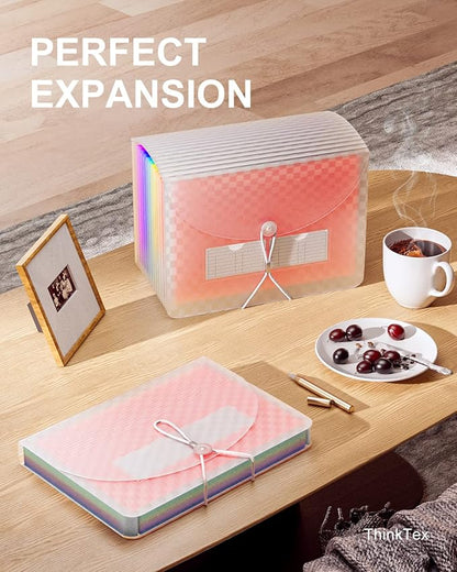 ThinkTex Accordian File Organizer, 12 Pockets Expanding File Folders, Portable Monthly Bill Receipt Organizer, Colorful Tabs, Letter/A4 Size - Pink