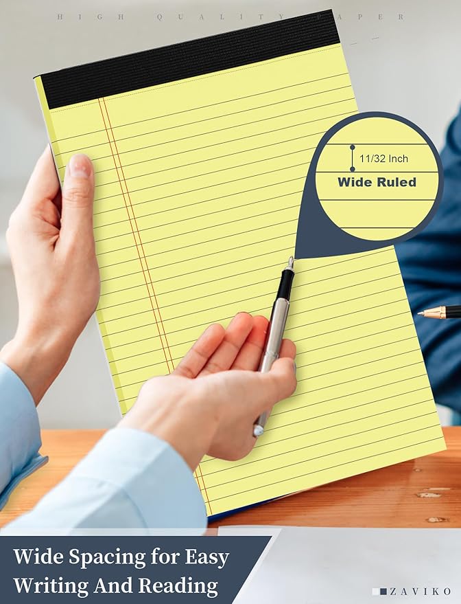 Yellow Legal Pads 8.5 x 11, 6 Pack, Wide Ruled, Yellow Note Pads 8.5 x 11, Writing Pads 8.5 x 11, Easy Tears Off, Double Sided, Cardboard Backing, Pads of Paper, 70 GSM Yellow Paper, 30 Sheets/Pad