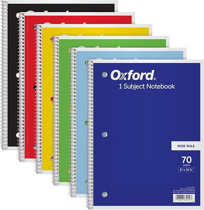 Oxford Spiral Notebook 6 Pack, Bulk Wide Ruled Spiral Notebooks for School, 1 Subject Journal, Wide Ruled Paper, 8 x 10-1/2 Inch, Blue, Yellow, Red, Light Blue, Green and Black, 70 Sheets (65010)