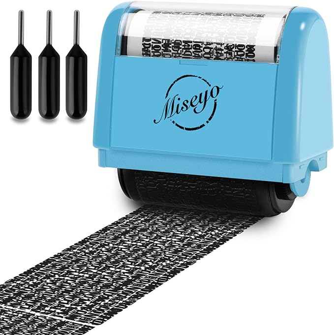 Miseyo Wide Identity Theft Protection Roller Stamp Set - Blue (3 Refill Ink Included)