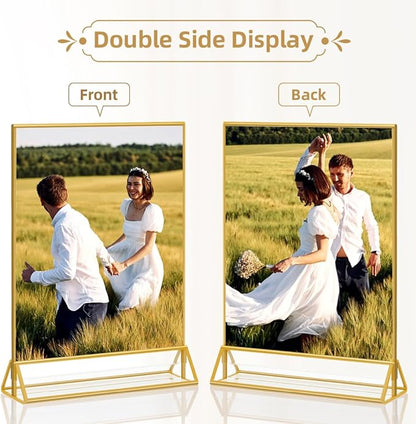8X10 Gold Frames Double Sided Acrylic Sign Holder Tabletop Picture Frames Vertical Display Stand for Photos Wedding School Home ,Set of 6