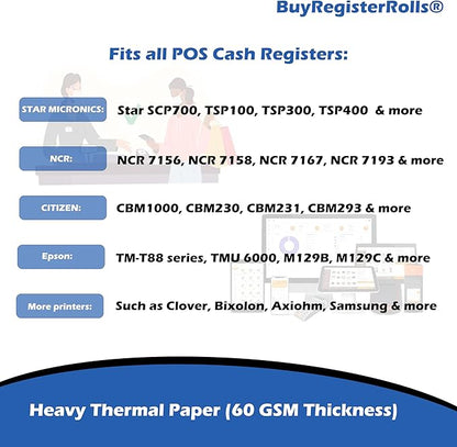 (32 Rolls) 3 1/8 x 180 Yellow Thermal Paper Receipt Rolls (60 GSM Paper Thickness) fits all Clover POS Cash Register Printers, Yellow Thermal Paper from BuyRegisterRolls