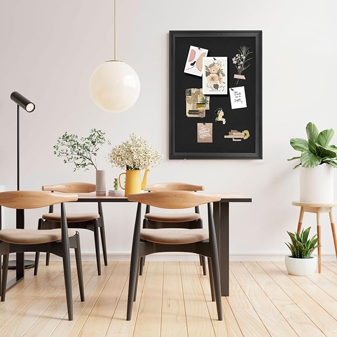 Bulletin Board with Felt, Black Wood Framed Display Bulletin Board for Walls with Pins, Eye Bolts, gaskets, Screws, Pin Board for Office, School and Home(MZB-BK,6090,1P)