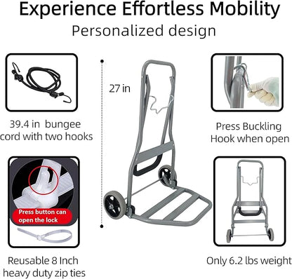 Folding Hand Truck with Silent Wheels, 165lbs Luggage Dolly Foldable Dolly Cart Lightweight Portable Folding Dolly Hand Cart Heavy Duty Utility Cart for Home Office Travel Use (Gray 2 Rubber Wheels)
