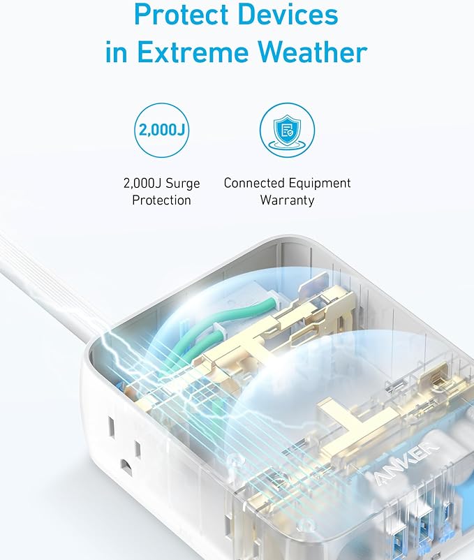 Anker Surge Protector Flat Plug Power Strip 2000J, 5ft Thin Extension Cord with 8 Outlets, 2 USB A and 1 USB C Port, 20W for iPhone15, Wall Mount, Compact for Home, Office, Room, TUV Listed